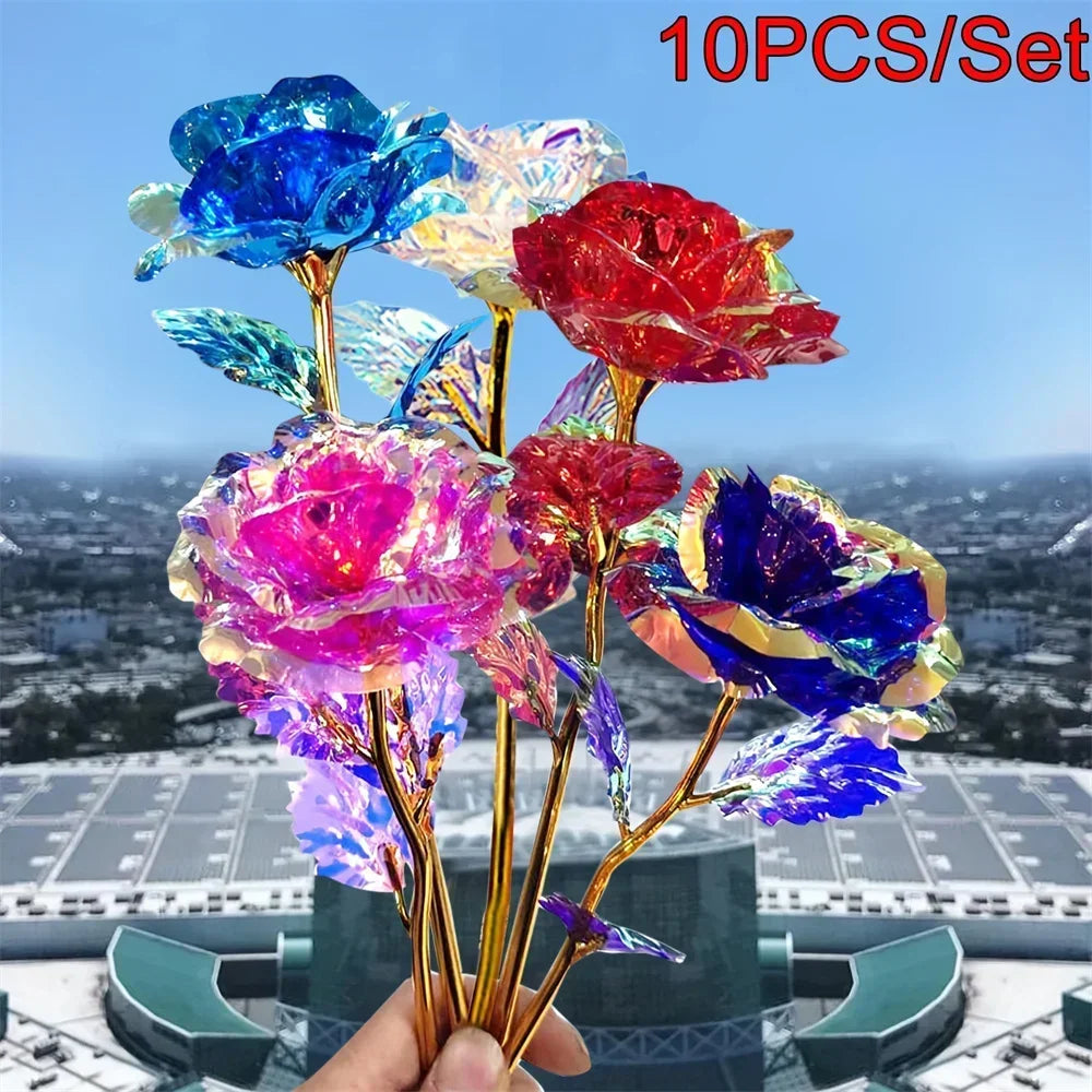 10pcs Eternal Rose Colorful Gold Rose Mother's Day Valentine's Day Simulation Gold Pot Foil Flower Gift Home Decoration