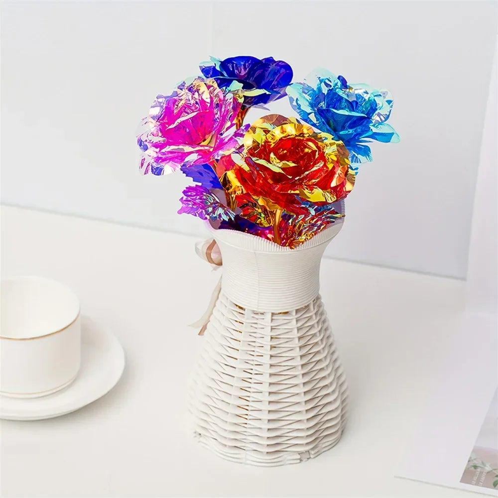 10pcs Eternal Rose Colorful Gold Rose Mother's Day Valentine's Day Simulation Gold Pot Foil Flower Gift Home Decoration