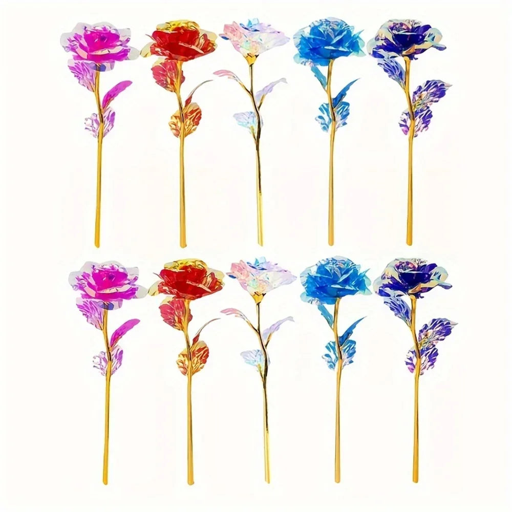 10pcs Eternal Rose Colorful Gold Rose Mother's Day Valentine's Day Simulation Gold Pot Foil Flower Gift Home Decoration