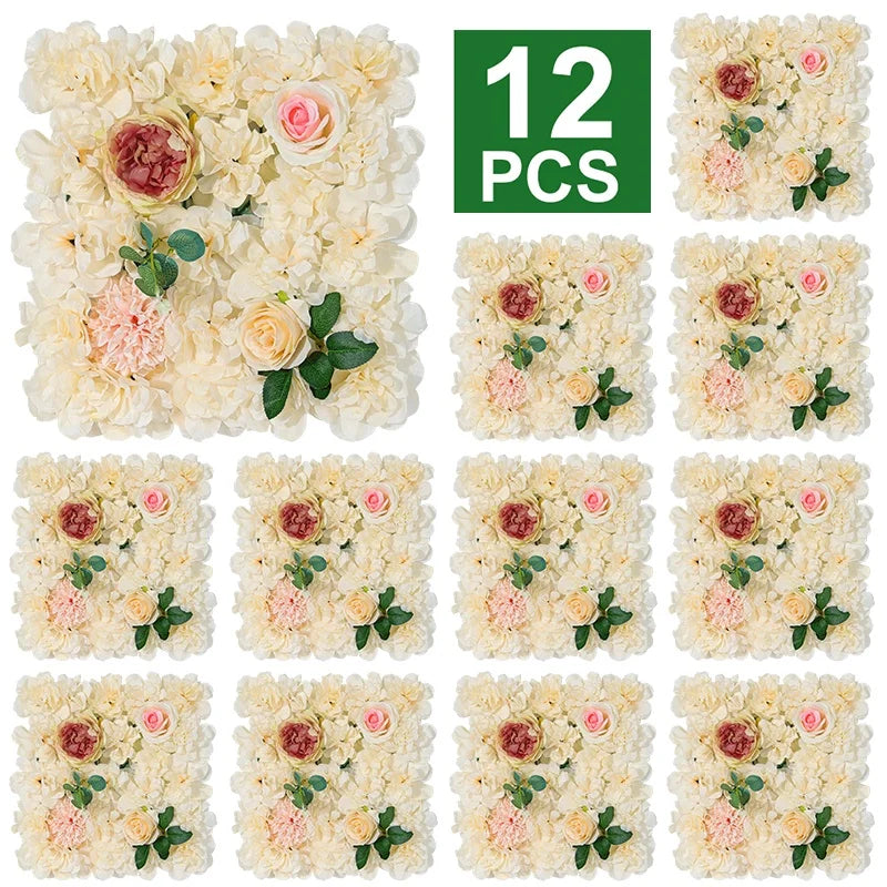 12PCS Artificial Flowers Roses Wall Panel 3D Flower Backdrop Outdoor Decoration