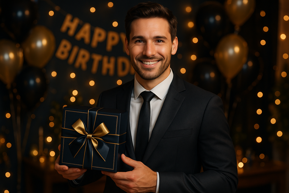 A Birthday Party Gift Box For Men with a handsome man in suit holding box smiling birthday party in background