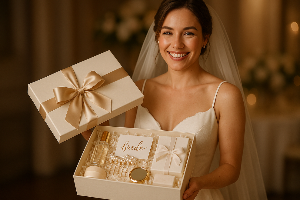 A bride holding a bridal shower gift box filled with bridal shower items luxury box packaging at a wedding wearing a wedding dress smiling