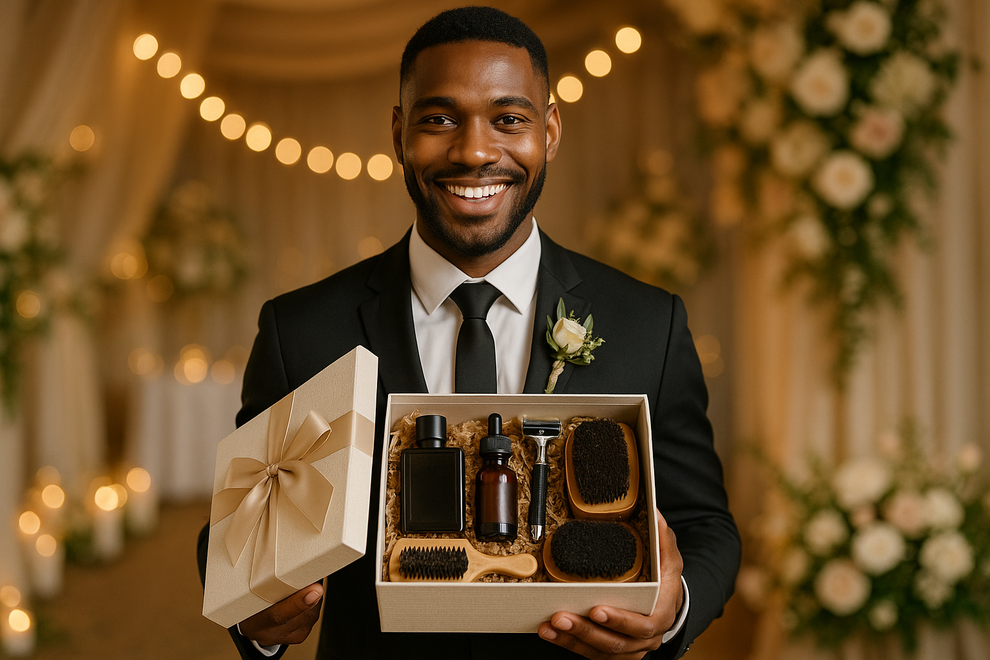 A Groomsman handsome wearing suit dark skin holding beautiful gift box filled with grooming items smiling at camera at a wedding