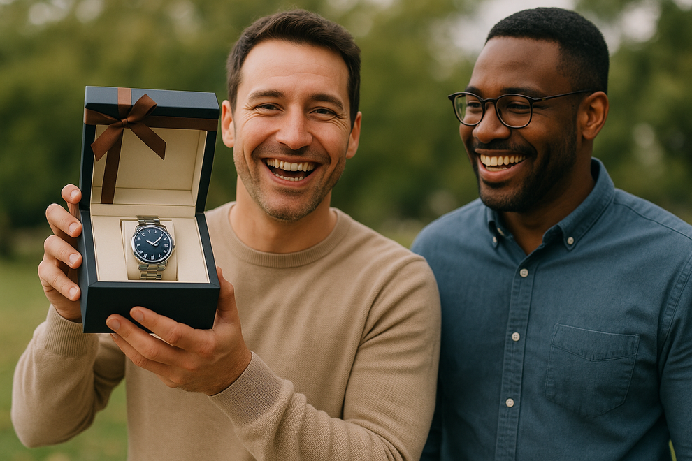 A man holding a gift box with a luxury watch inside another man standing next to him has just given it to him as a gift they are outside man holding box up towards camera smiling box is beautiful