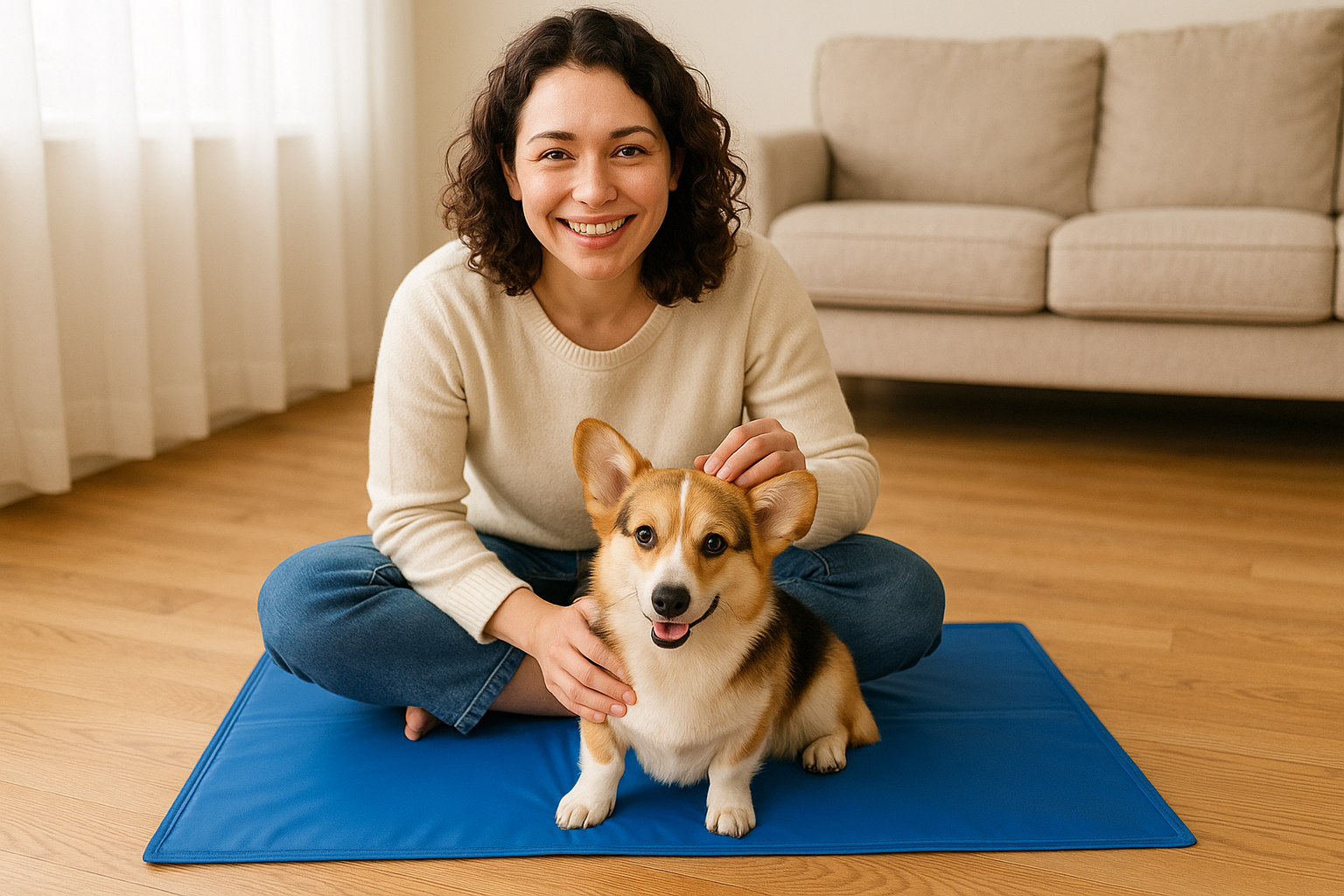 a woman sitting on floor with small, cute dog sitting on a large thin blue dog cooling bed lady smiling at camera petting dog