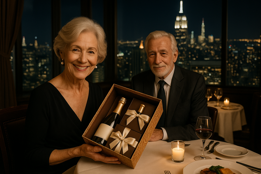 An old couple cute sitting at a dinner table woman is smiling looking at camera holding a gift box with anniversary items inside box is a beautiful present they are at a restaurant in new York city with the skyline behind them at nigh both dressed very classy