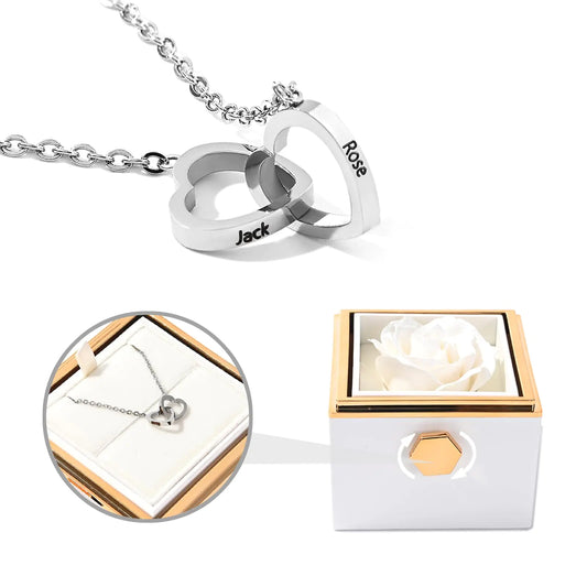 Eternal Natural Rose Box with Necklace Engraved & Real Preserved Natural Rose in a Box