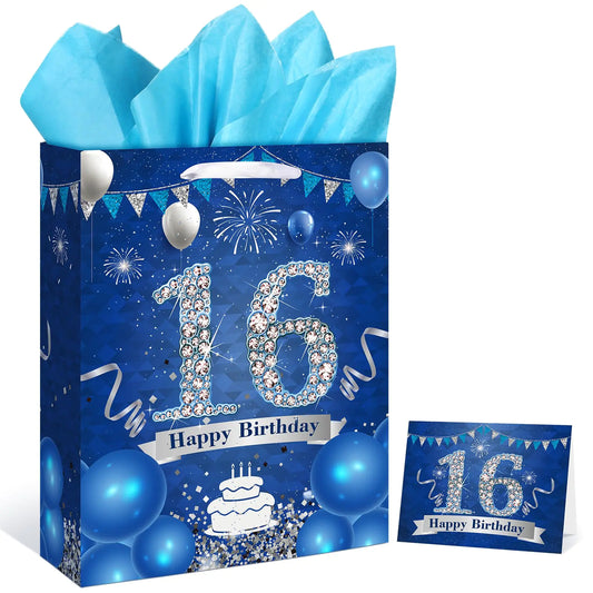 16th Birthday Gift Bag Navy Blue Silver