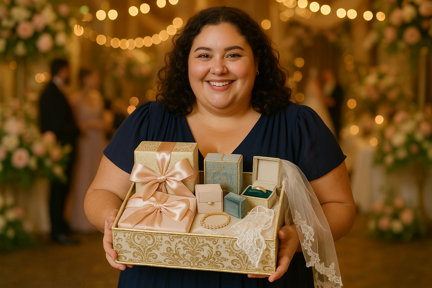 Woman average looking chubby sweet smiling holding luxury present box filled with wedding party bridal gifts at a wedding